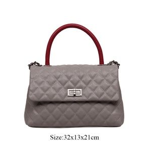 TAUPE BAGS WITH LONG CHAIN AND RED TOP HANDLE ....